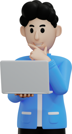 man using laptop thinking 3d